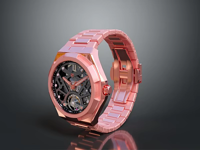Rose Gold Wrist Watch With Metal Strap And Black Dial Mechanical Design 3d model