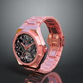 Rose Gold Wrist Watch With Metal Strap And Black Dial Mechanical Design