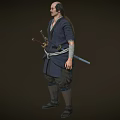 Game Movie Character In Traditional Blue Robe With Waist Belt And Leg Wraps