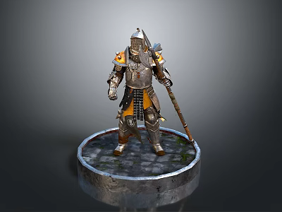 Man In Detailed Armor Statue Holding Long Staff On Circular Pedestal 3d model