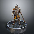 Man In Detailed Armor Statue Holding Long Staff On Circular Pedestal