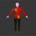 Traditional Red Chinese Style Top With Golden Patterns And Dark Pants Black Shoes