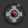 Space Rocket Model with Red Tip Silver Body on Circular Launch Pad and Warning Stripe