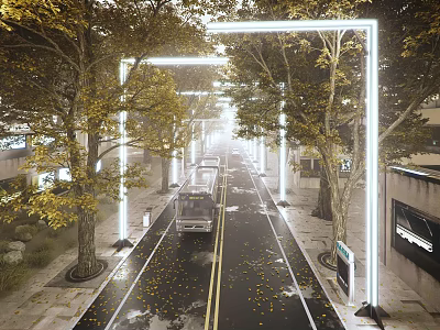 Garden Ornaments Along Street With Illuminated White Frames Yellow Trees Fallen Leaves 3d model