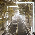 Garden Ornaments Along Street With Illuminated White Frames Yellow Trees Fallen Leaves