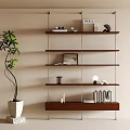 Modern Minimalist Shelving Unit With Wooden Shelves Books Decor Items And Potted Plant