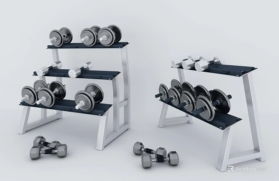 Sports Fitness Equipment Dumbbells With Various Weights On Multi Tiered Racks And Floor 3d model 