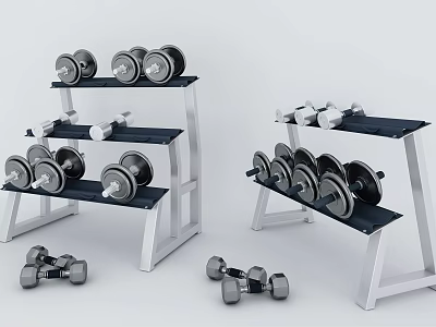 Sports Fitness Equipment Dumbbells With Various Weights On Multi Tiered Racks And Floor 3d model