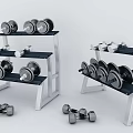 Sports Fitness Equipment Dumbbells With Various Weights On Multi Tiered Racks And Floor