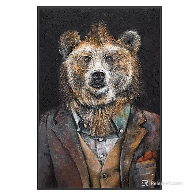 Oil Painting Depicting Bear In Brown Suit With Glasses And Collared Shirt 3d model 