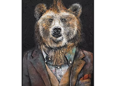 Oil Painting Depicting Bear In Brown Suit With Glasses And Collared Shirt 3d model