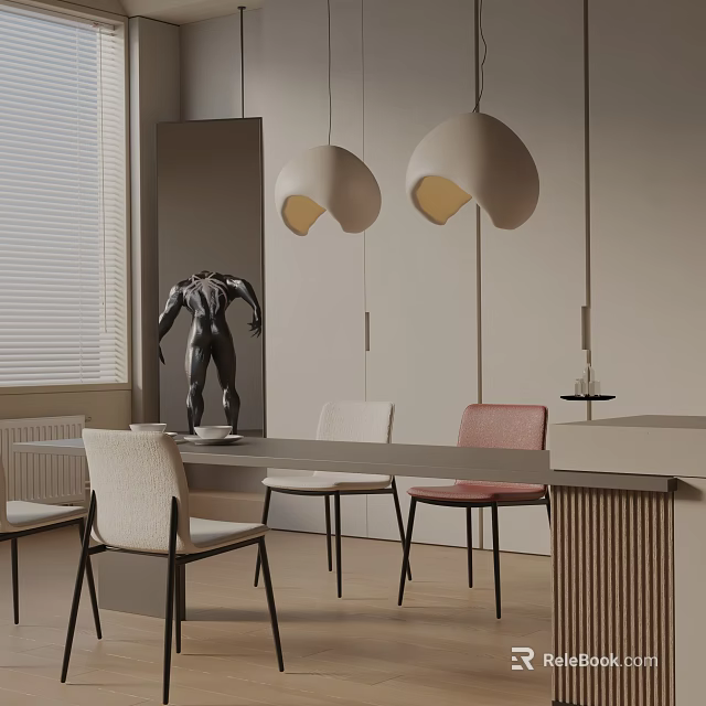 Dining Table Set with White Pink Chairs Modern Pendant Lights and Sculpture in Interior 3d model 