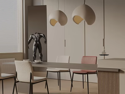 Dining Table Set with White Pink Chairs Modern Pendant Lights and Sculpture in Interior 3d model