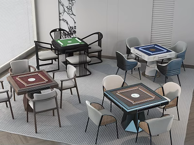 Stylish Modern Entertainment Tables With Various Colored Tops And Matching Chairs In Indoor Leisure Space 3d model