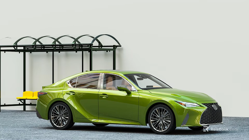 Green Sedan Car With Sleek Design Parked By Black Arched Structure 3d model 
