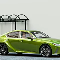 Green Sedan Car With Sleek Design Parked By Black Arched Structure
