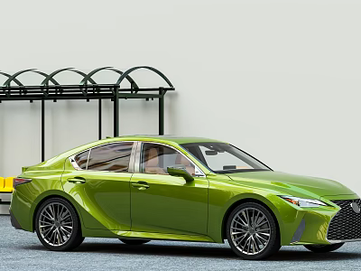 Green Sedan Car With Sleek Design Parked By Black Arched Structure 3d model