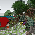 Scenic Garden Recreational Area With River Bridge Slide Pumpkin Shaped Structure Green Trees And Flowers