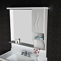 White Bathroom Vanity With Mirror Storage Faucet And Vase On Dark Patterned Wall 3d model