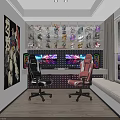 Modern Gaming Room Setup With Two Gaming Chairs Dual Monitors Figurine Shelf And Neon Lighting