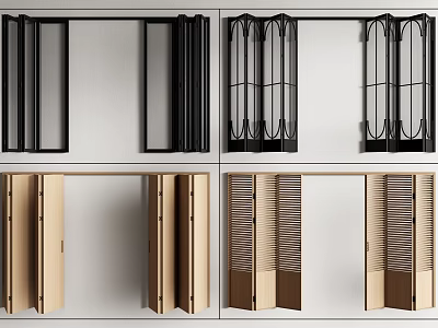 Modern Folding Doors With Black And Wooden Frames And Various Design Patterns 3d model
