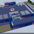 Large Event Venue Layout With Blue Theme Stage Seating Booths And Entrance Arch