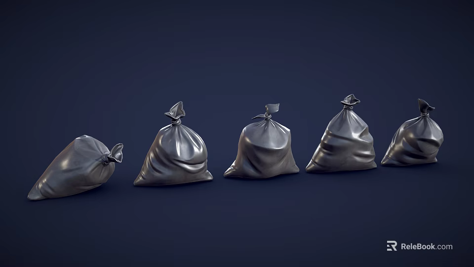Multiple Silver Trash Bags Arranged In A Row On Dark Background 3d model 