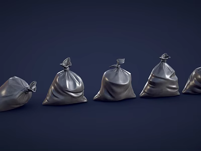 Multiple Silver Trash Bags Arranged In A Row On Dark Background 3d model