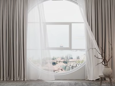 Gray Curtains And White Sheer Curtains For Round Window With Ocean View And Decorative Branch 3d model