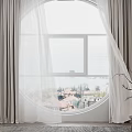 Gray Curtains And White Sheer Curtains For Round Window With Ocean View And Decorative Branch