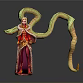 Elegant Woman in Red Orange Outfit With Snake Decorations And Magic Staff