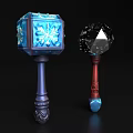 Magical Blue Snowflake Hammer And Black Crystal Orb With Red And Dark Blue Handles