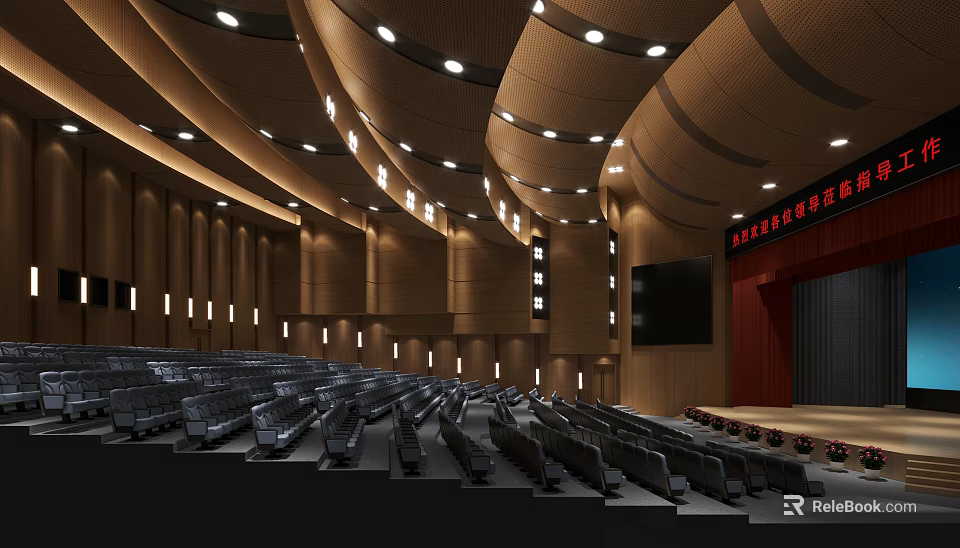 Spacious Auditorium Interior With Curved Wooden Ceiling Seats And Stage Screen 3d model 