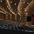 Spacious Auditorium Interior With Curved Wooden Ceiling Seats And Stage Screen