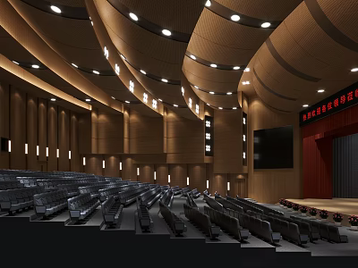 Spacious Auditorium Interior With Curved Wooden Ceiling Seats And Stage Screen 3d model