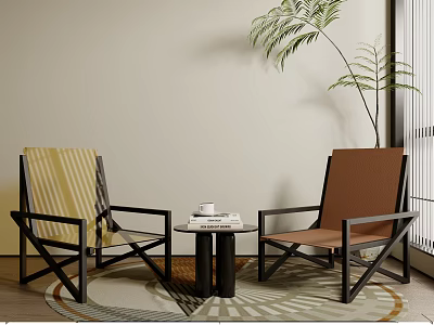 Modern Table and Chair Set with Striped Brown Chairs Side Table Green Plant and Rug 3d model