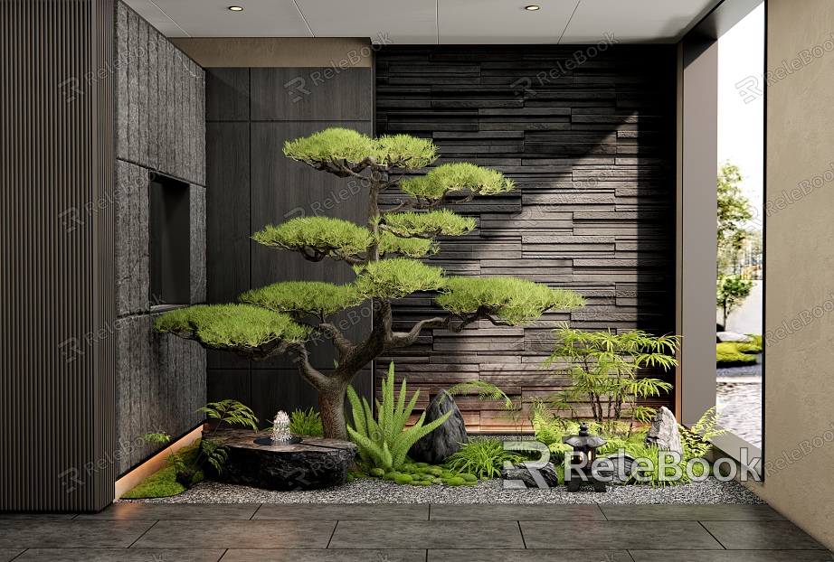 New Chinese Style Indoor Landscape Plants Landscaping Courtyard Sketches Plant Combination Water Pot Flowers Pine Tree Bryophyte Pile model