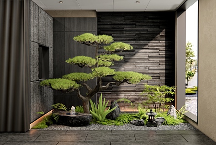 New Chinese Style Indoor Landscape Plants Landscaping Courtyard Sketches Plant Combination Water Pot Flowers Pine Tree Bryophyte Pile 3d model