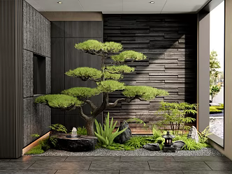 New Chinese Style Indoor Landscape Plants Landscaping Courtyard Sketches Plant Combination Water Pot Flowers Pine Tree Bryophyte Pile 3d model