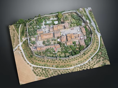Deer Herd Grazing In Walled Park With Buildings Trees And Paths 3d model