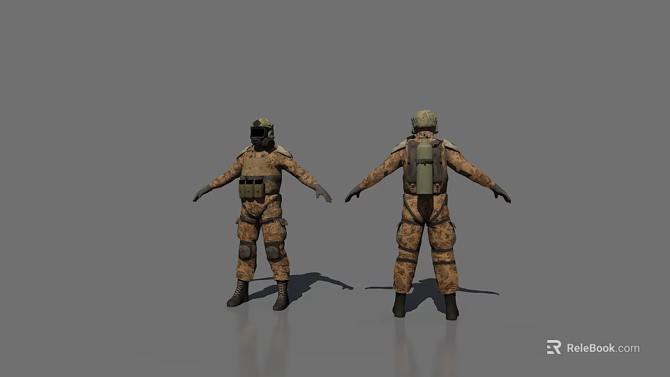 Man In Camouflage Uniform With Helmet And Backpack Front And Back Views 3d model 