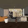 Modern Living Room Interior With Tan White Sofa Pendant Light Bookshelf Fireplace Wooden Floor Rug