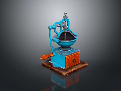 Vintage Manual Coffee Grinder Kitchen Appliance With Metal Structure And Wooden Base 3d model