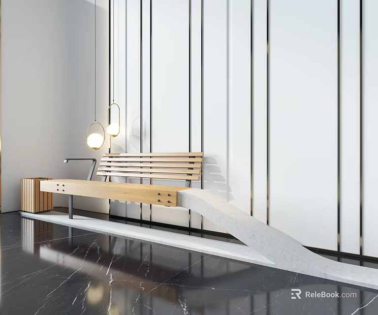 Modern Public Bench With Wooden Slats Hanging Lights On Black Floor Against White Striped Wall 3d model 