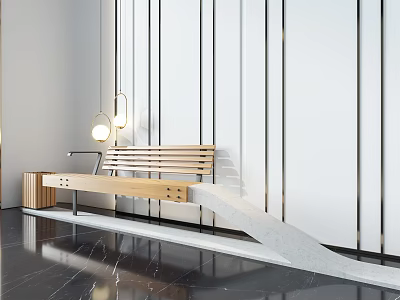 Modern Public Bench With Wooden Slats Hanging Lights On Black Floor Against White Striped Wall 3d model