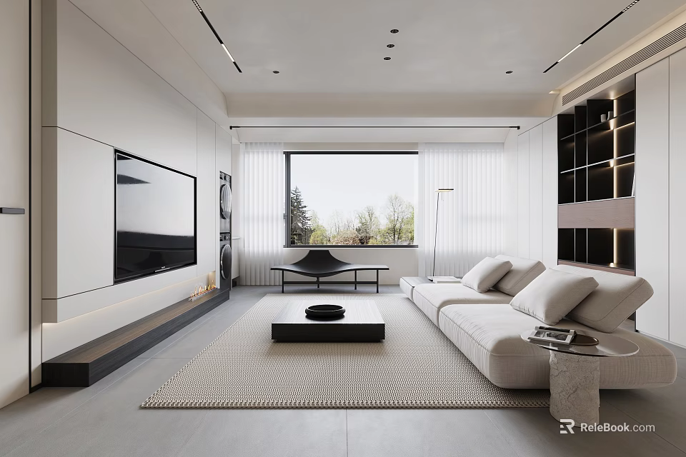 Modern Living Room Interior Design With White Sofa TV Wall And Floor To Ceiling Window 3d model 