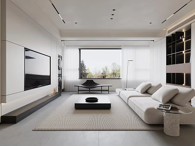 Modern Living Room Interior Design With White Sofa TV Wall And Floor To Ceiling Window 3d model
