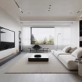 Modern Living Room Interior Design With White Sofa TV Wall And Floor To Ceiling Window