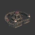 Central Tower With Red Roof Surrounded By Wooden Fence And Small Defensive Towers