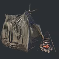 Outdoor Camping Scene With Canvas Tent Campfire And Hanging Pot
